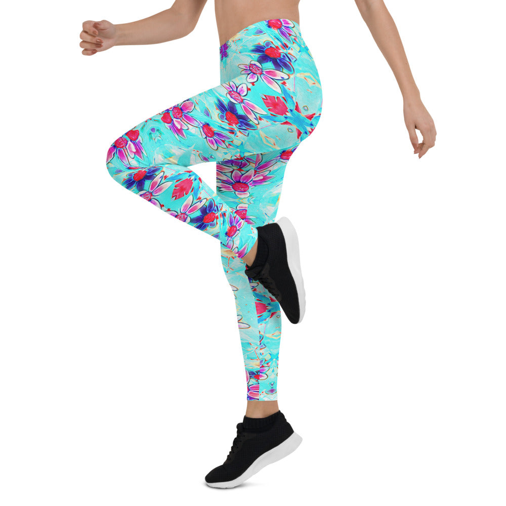 Leggings for Women, Cute Girly Purple Flower Pattern on Aqua Blue