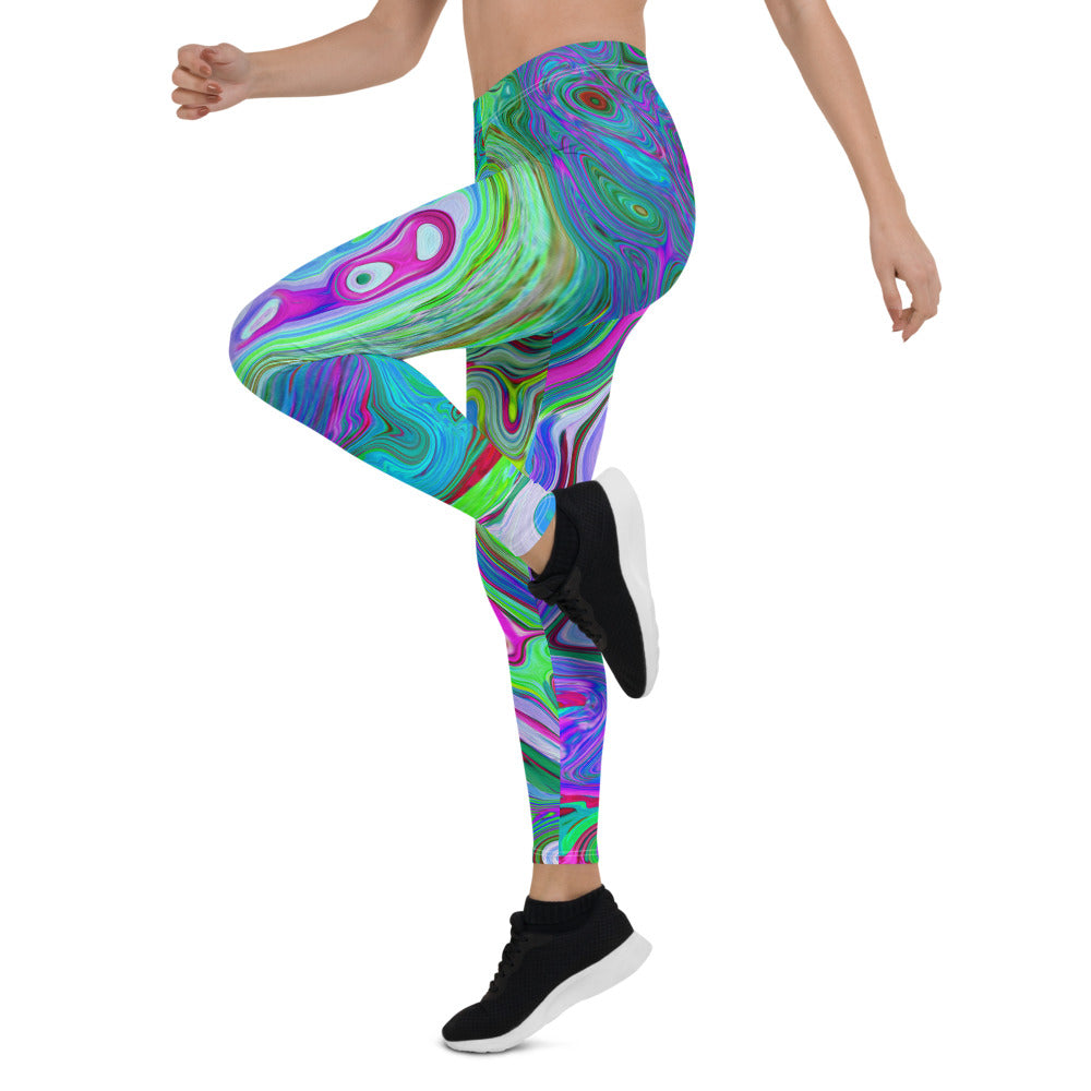 Leggings for Women, Retro Green, Red and Magenta Abstract Groovy Swirl