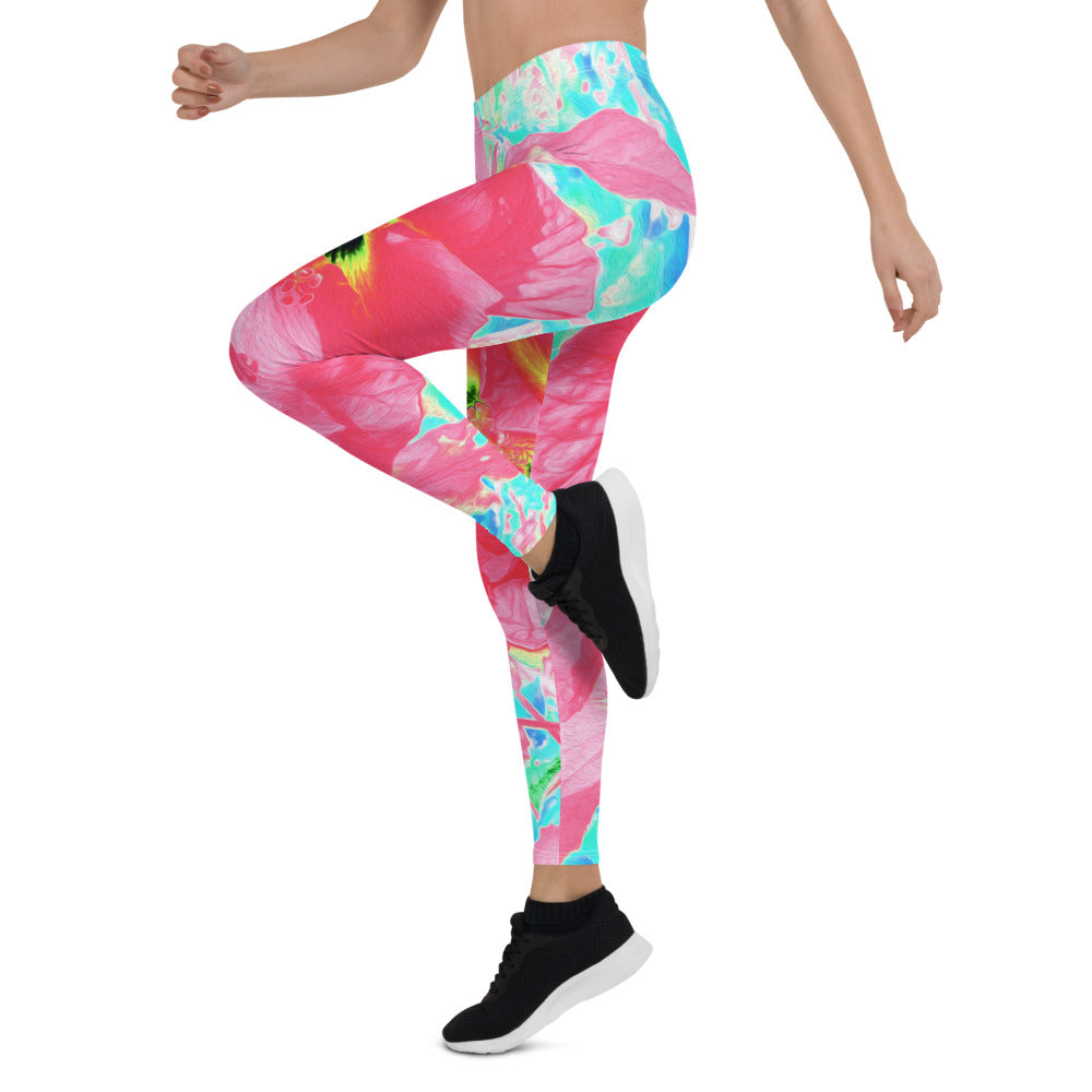 Leggings for Women, Two Rosy Red Coral Plum Crazy Hibiscus on Aqua