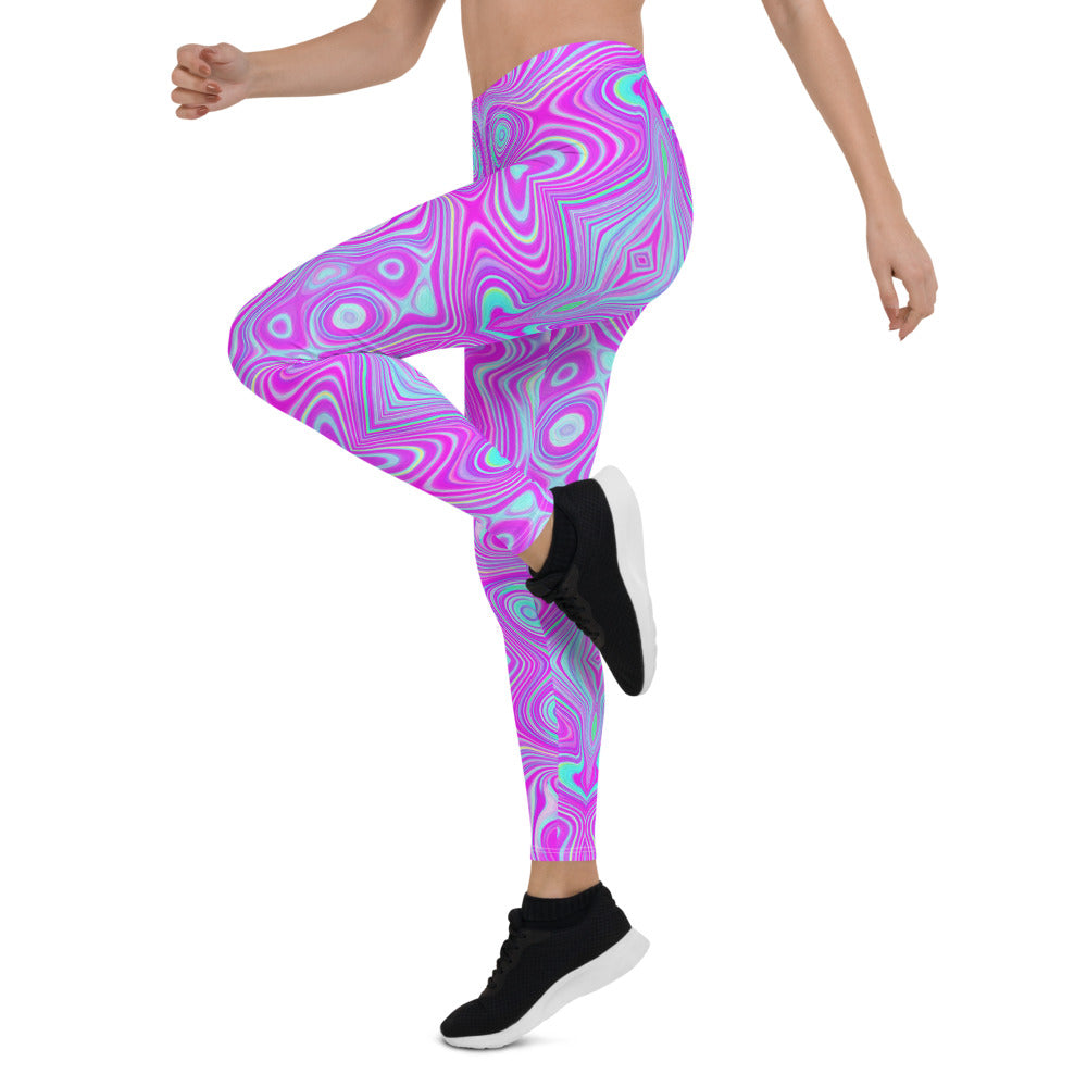 Leggings for Women, Trippy Hot Pink and Aqua Blue Abstract Pattern