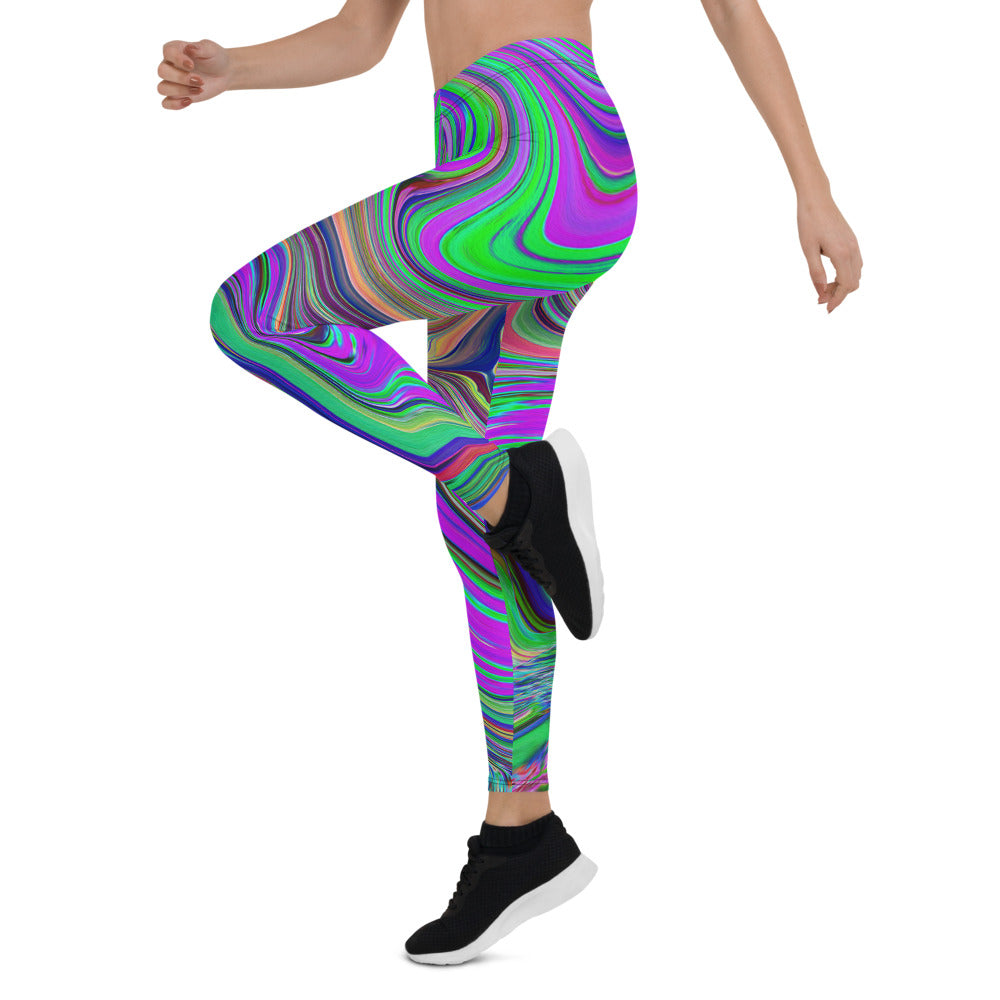 Leggings for Women, Trippy Lime Green and Purple Waves of Color