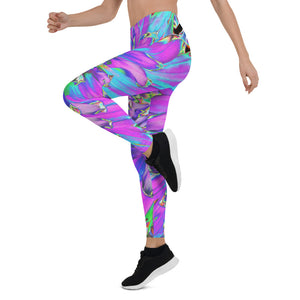 Leggings for Women, Trippy Abstract Aqua, Lime Green and Purple Dahlia