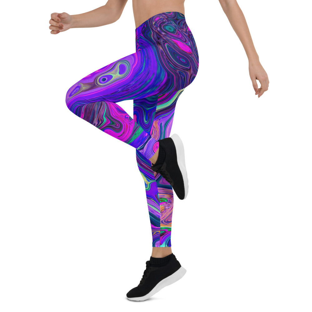 Leggings for Women, Groovy Abstract Retro Magenta and Purple Swirl