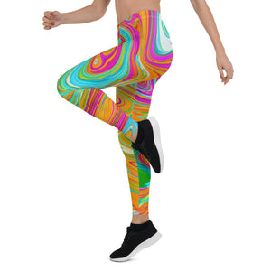 Leggings for Women, Blue, Orange and Hot Pink Groovy Abstract Retro Art