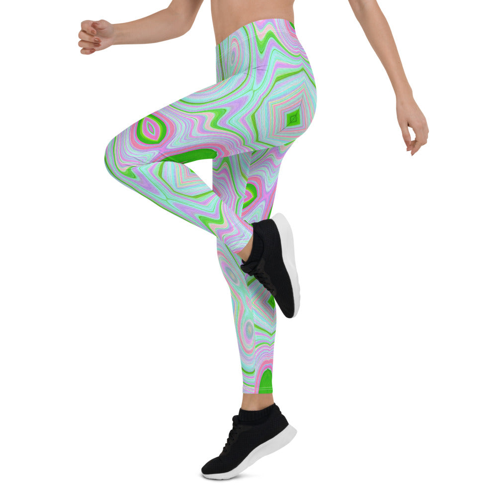 Leggings for Women, Retro Abstract Pink, Lime Green and Aqua Pattern