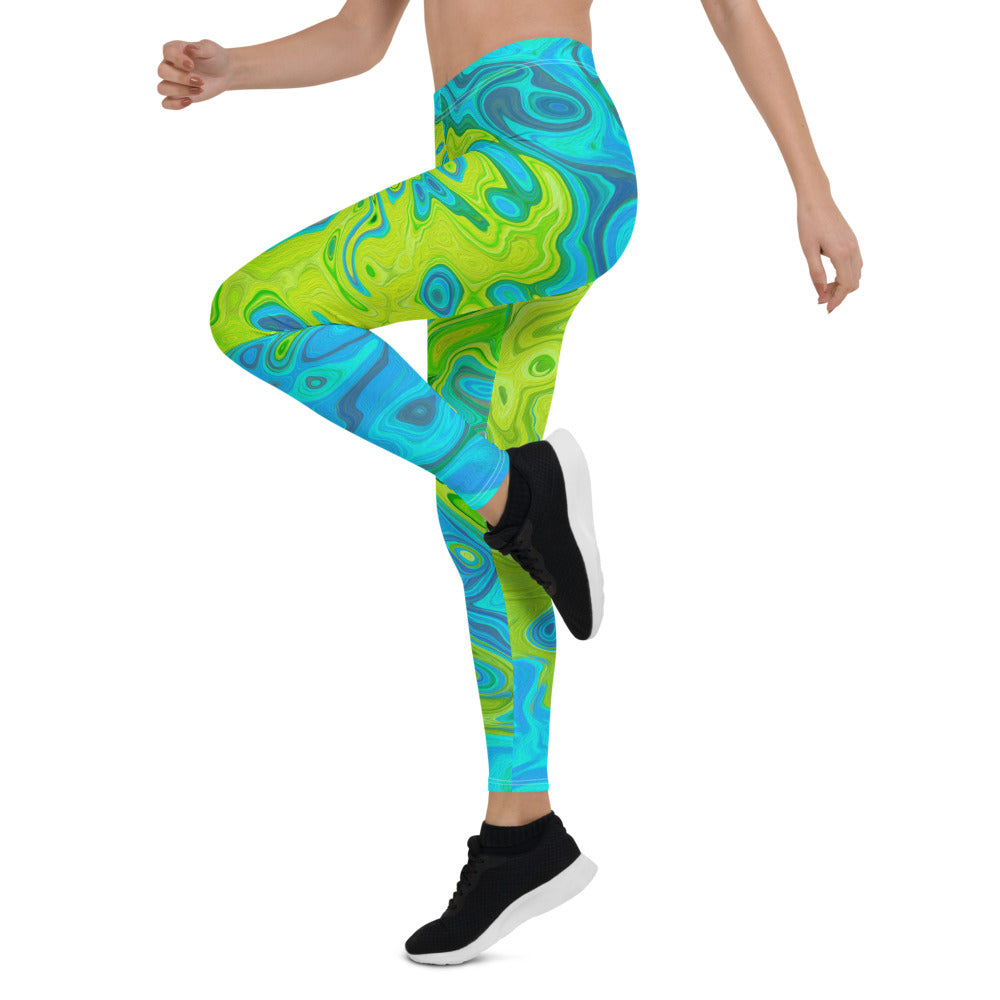 Leggings for Women, Groovy Chartreuse and Aquamarine Liquid Swirl