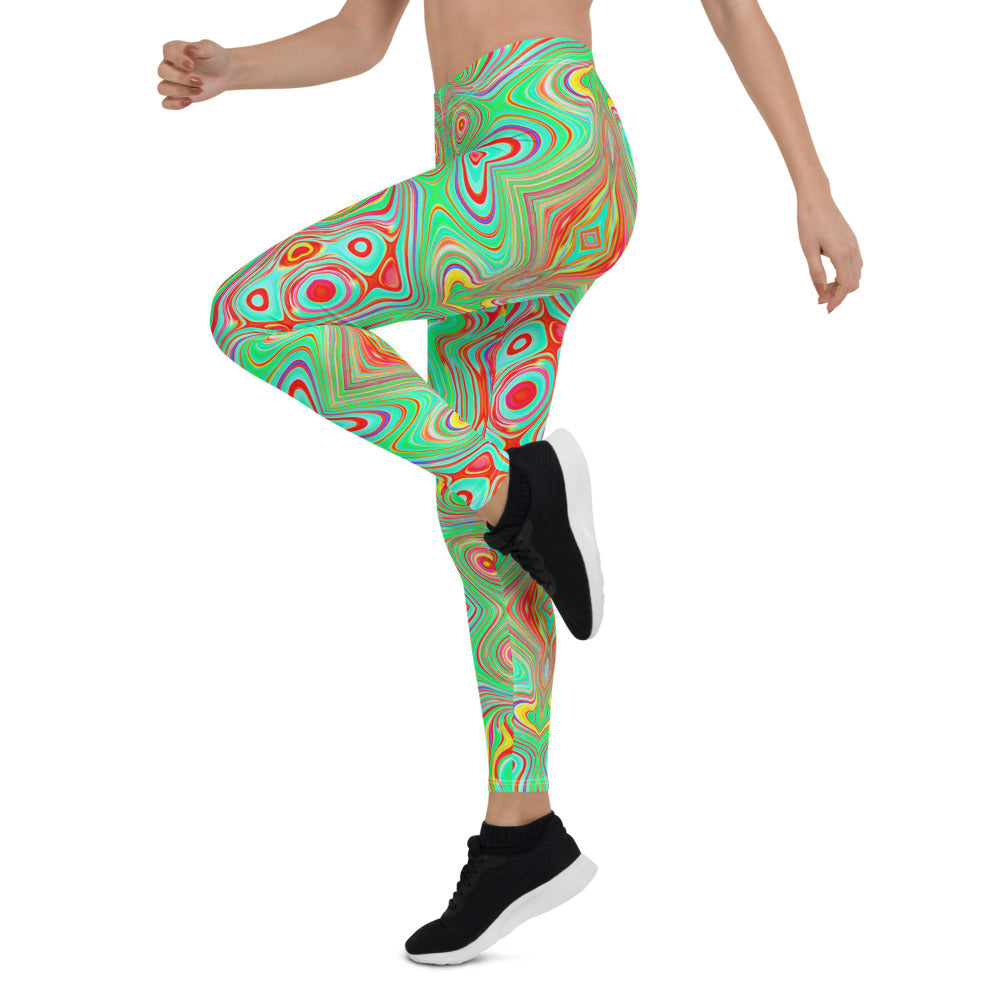 Leggings for Women, Trippy Retro Orange and Lime Green Abstract Pattern