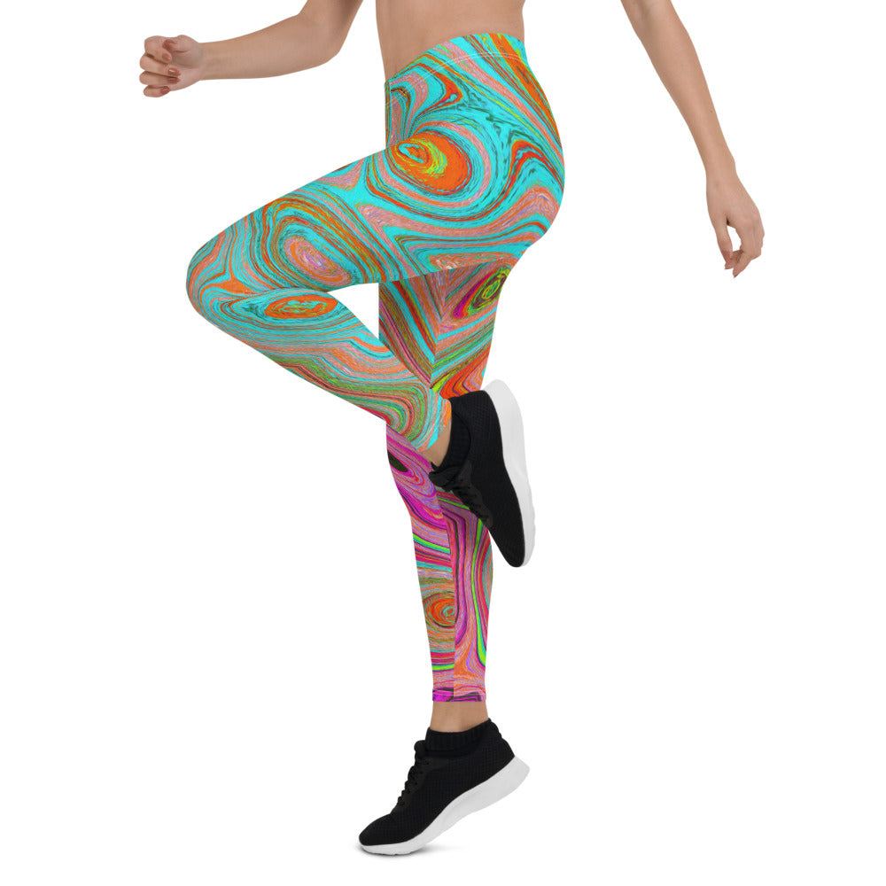 Leggings for Women, Trippy Retro Orange and Aqua Groovy Abstract Art