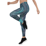 Leggings for Women, Cool Abstract Retro Black and Teal Cosmic Swirl