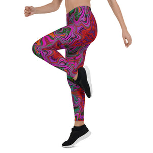 Leggings for Women, Cool Trippy Magenta, Red and Green Wavy Pattern