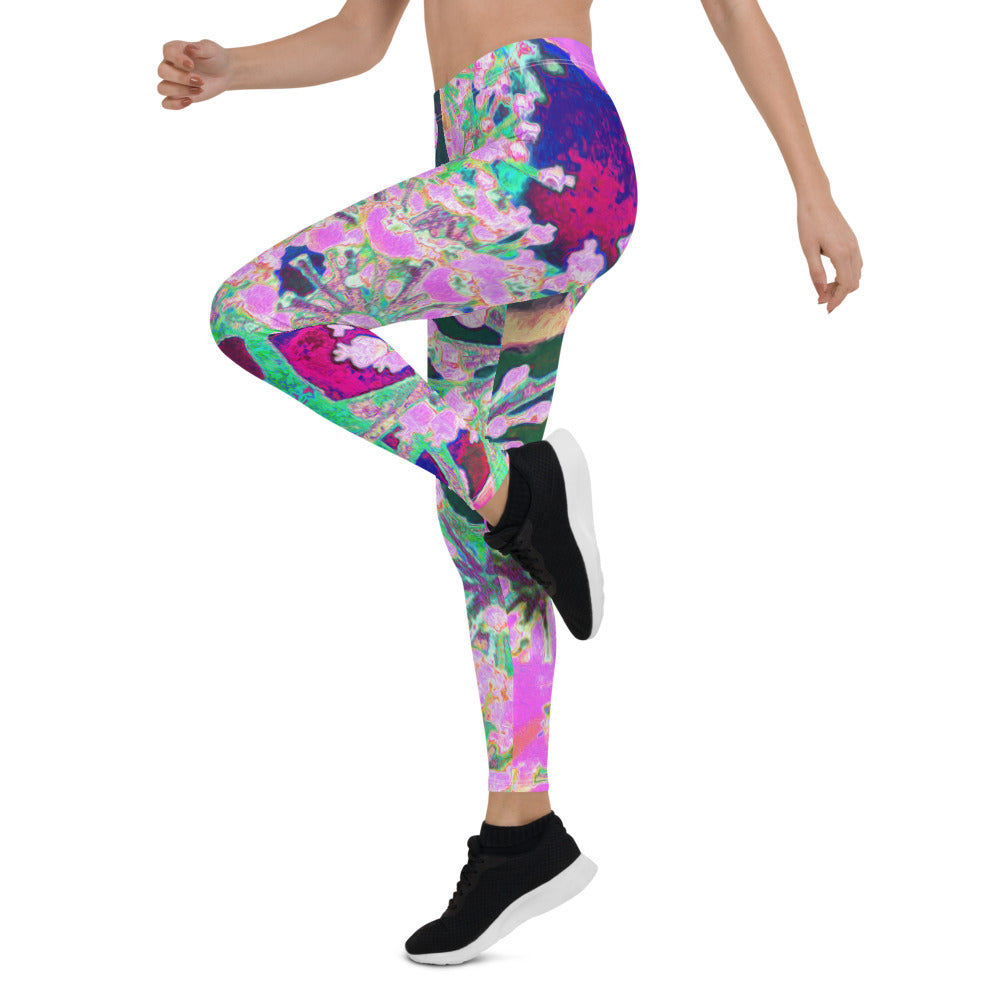 Leggings for Women, Cool Abstract Retro Nature in Pink and Lime Green