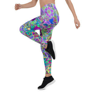 Leggings for Women, Trippy Abstract Pink and Purple Flowers