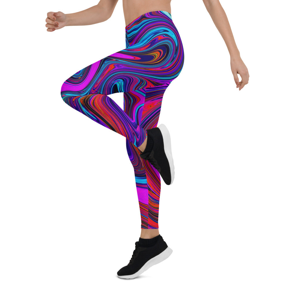 Leggings for Women, Marbled Magenta, Blue and Red Abstract Art