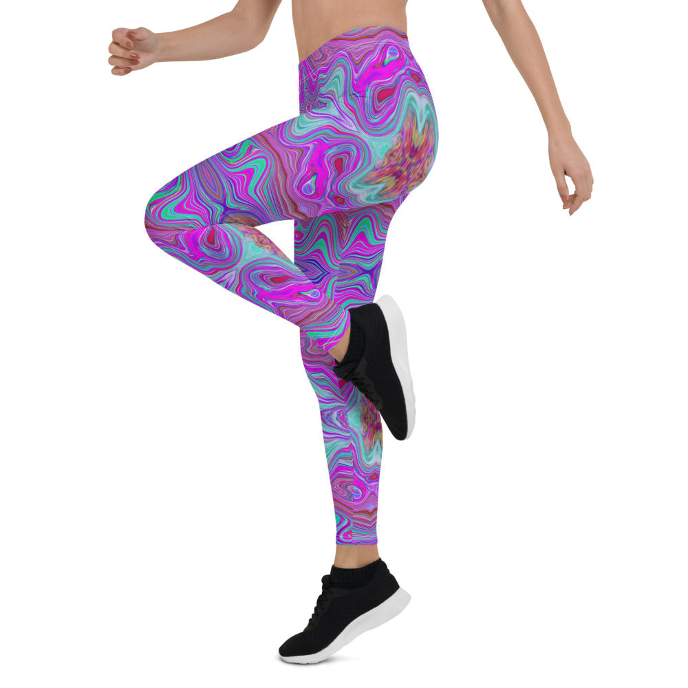 Leggings for Women, Wavy Magenta and Blue Trippy Marbled Pattern