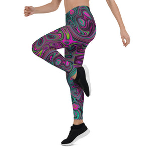 Leggings for Women, Abstract Magenta and Teal Blue Groovy Retro Pattern