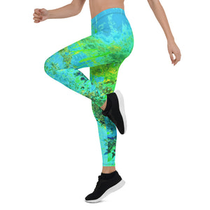 Leggings for Women, Trippy Lime Green and Blue Impressionistic Landscape