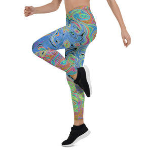 Leggings for Women, Watercolor Blue Groovy Abstract Retro Liquid Swirl