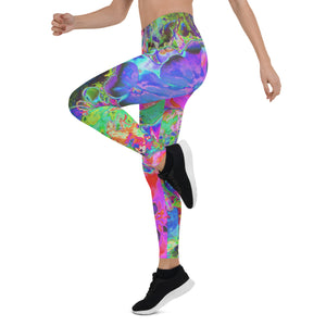 Leggings for Women, Trippy Psychedelic Hot Pink and Purple Flowers