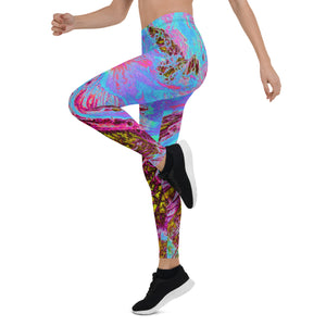 Leggings for Women, Psychedelic Cornflower Blue and Magenta Hibiscus