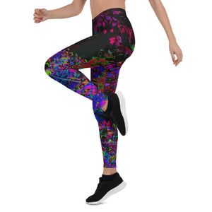 Leggings for Women, Psychedelic Crimson Red and Black Garden Sunrise