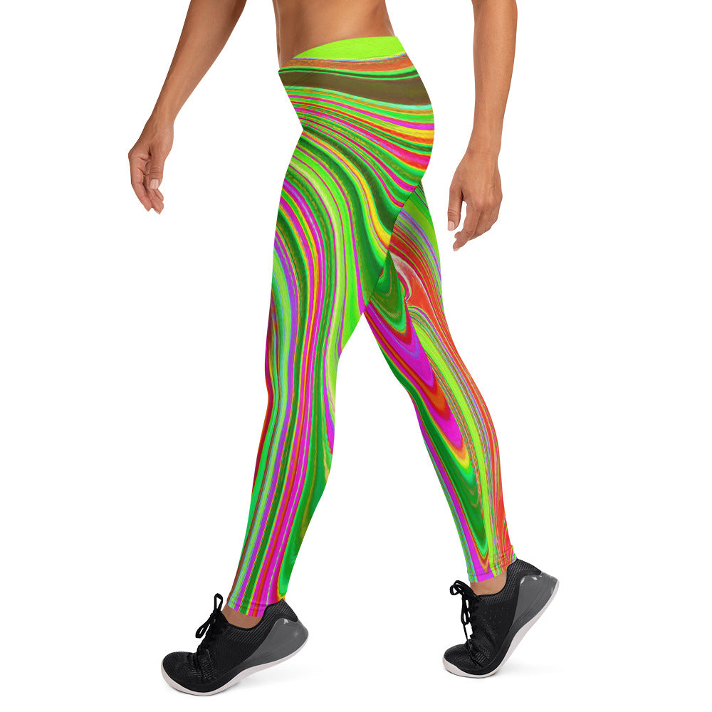 Leggings for Women, Trippy Lime Green and Magenta Abstract Groovy Art