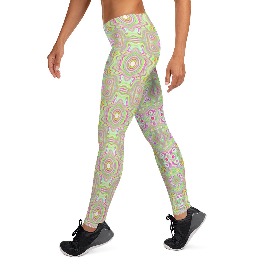 Leggings for Women, Trippy Retro Pink and Lime Green Abstract Pattern