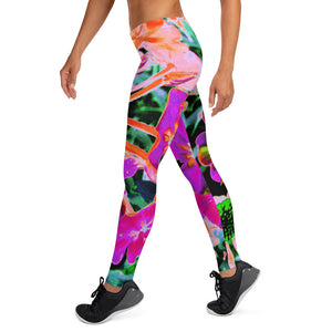 Leggings for Women - Blooming Abstract Magenta and Orange Flower