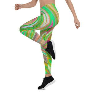 Leggings for Women - Groovy Abstract Retro Green and Hot Pink Swirl