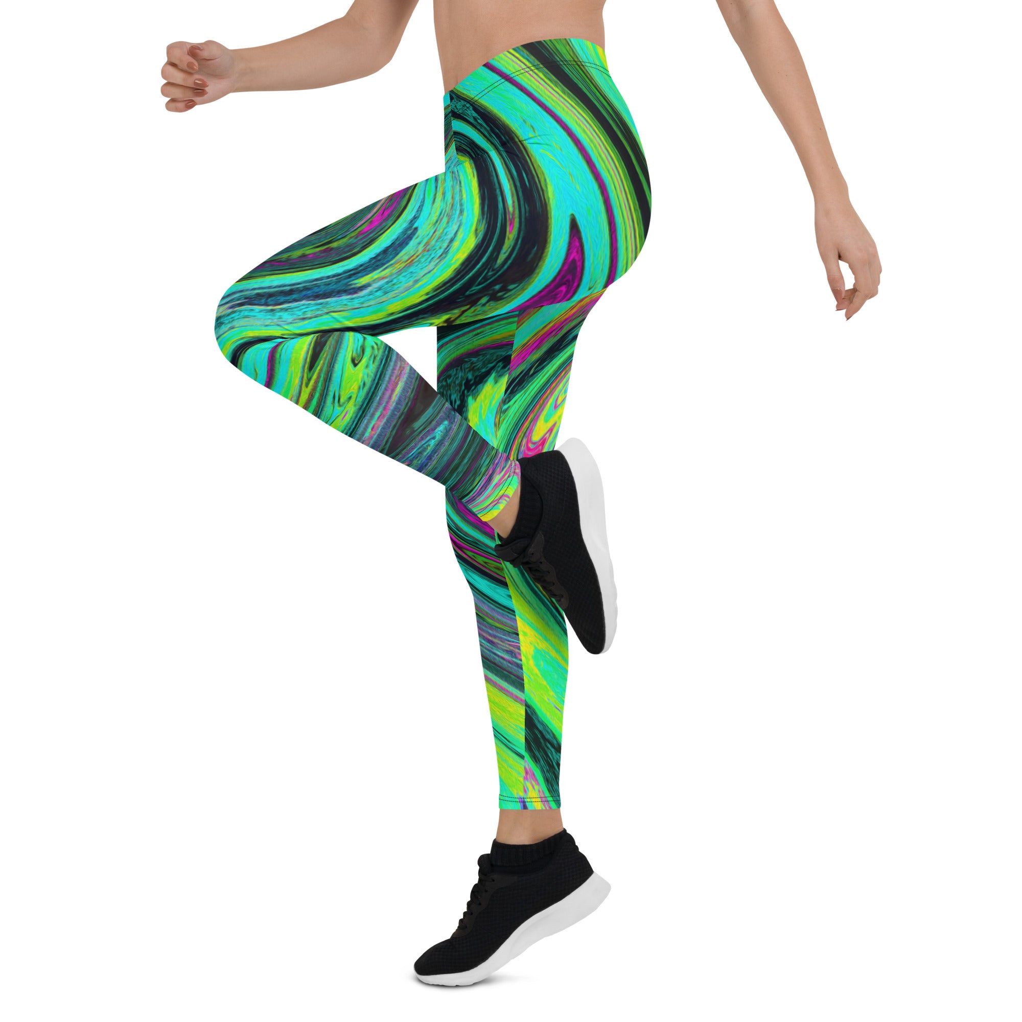 Leggings for Women - Groovy Abstract Retro Green and Magenta Swirl