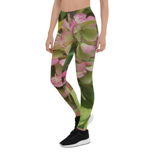 Leggings for Women, Autumn Hydrangea Bloom with Golden Hosta Leaves