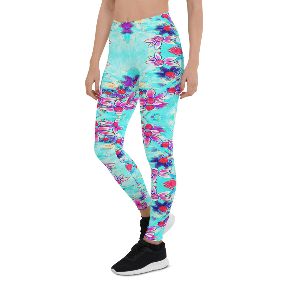 Leggings for Women, Cute Girly Purple Flower Pattern on Aqua Blue