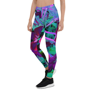 Leggings for Women, Dramatic Red, Purple and Pink Garden Flower