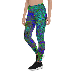 Leggings for Women, Marbled Blue and Aquamarine Abstract Retro Swirl