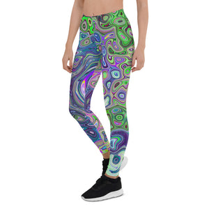 Leggings for Women, Marbled Lime Green and Purple Abstract Retro Swirl
