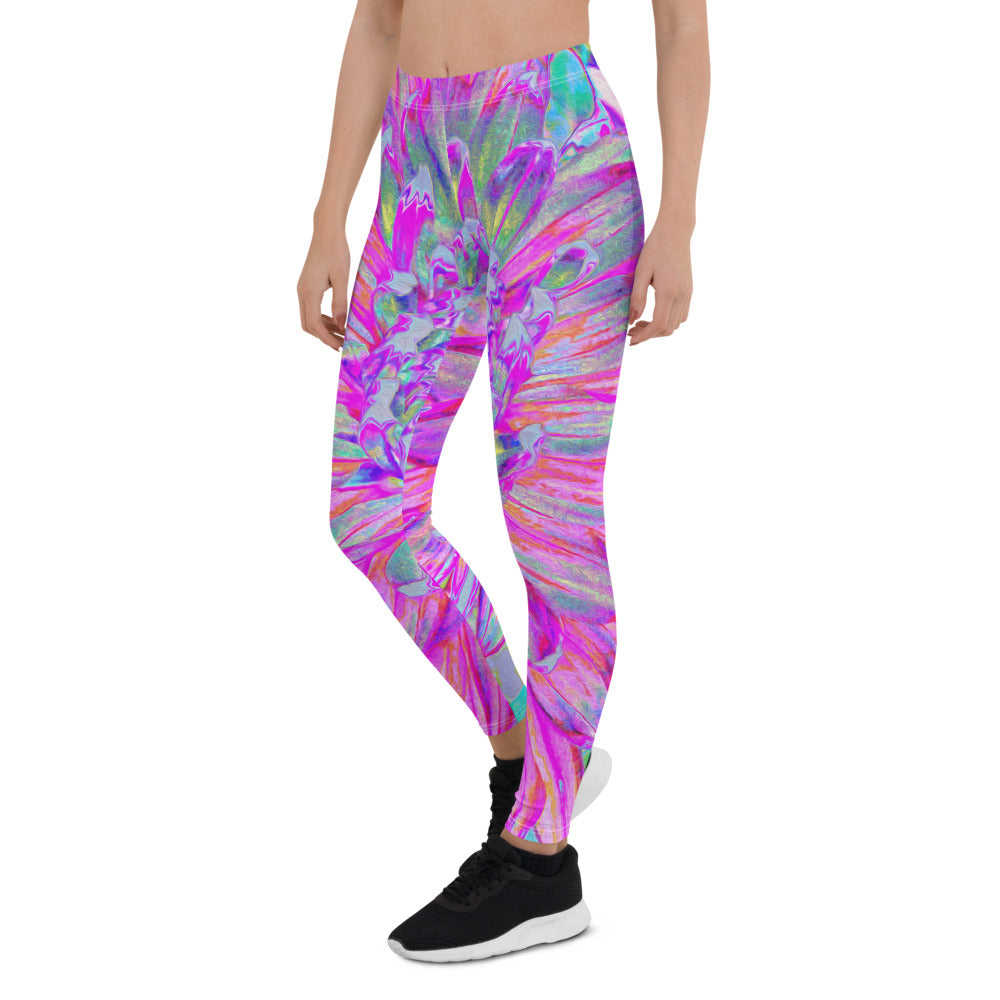 Colorful Floral Leggings for Women, Cool Pink Blue and Purple Artsy Dahlia Bloom