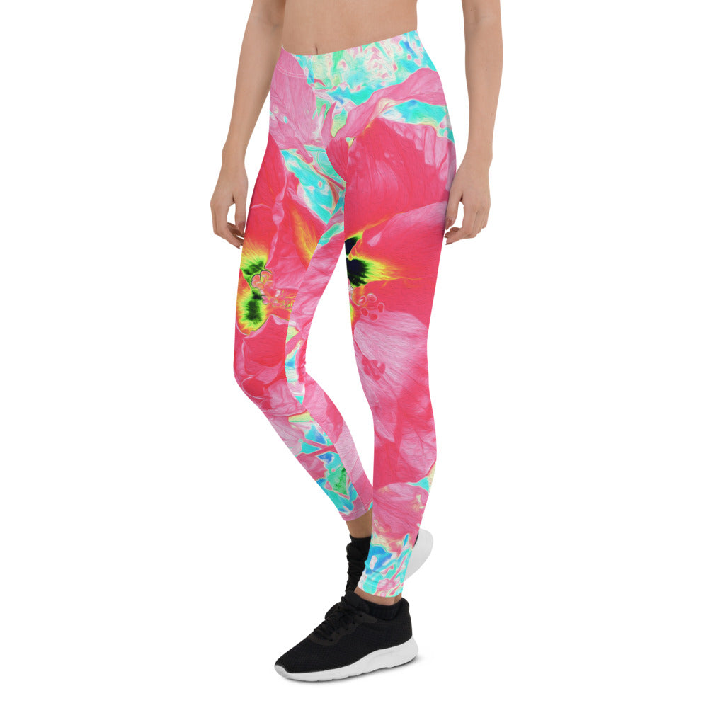 Leggings for Women, Two Rosy Red Coral Plum Crazy Hibiscus on Aqua