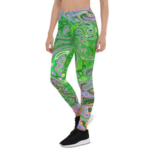 Leggings for Women, Trippy Lime Green and Pink Abstract Retro Swirl