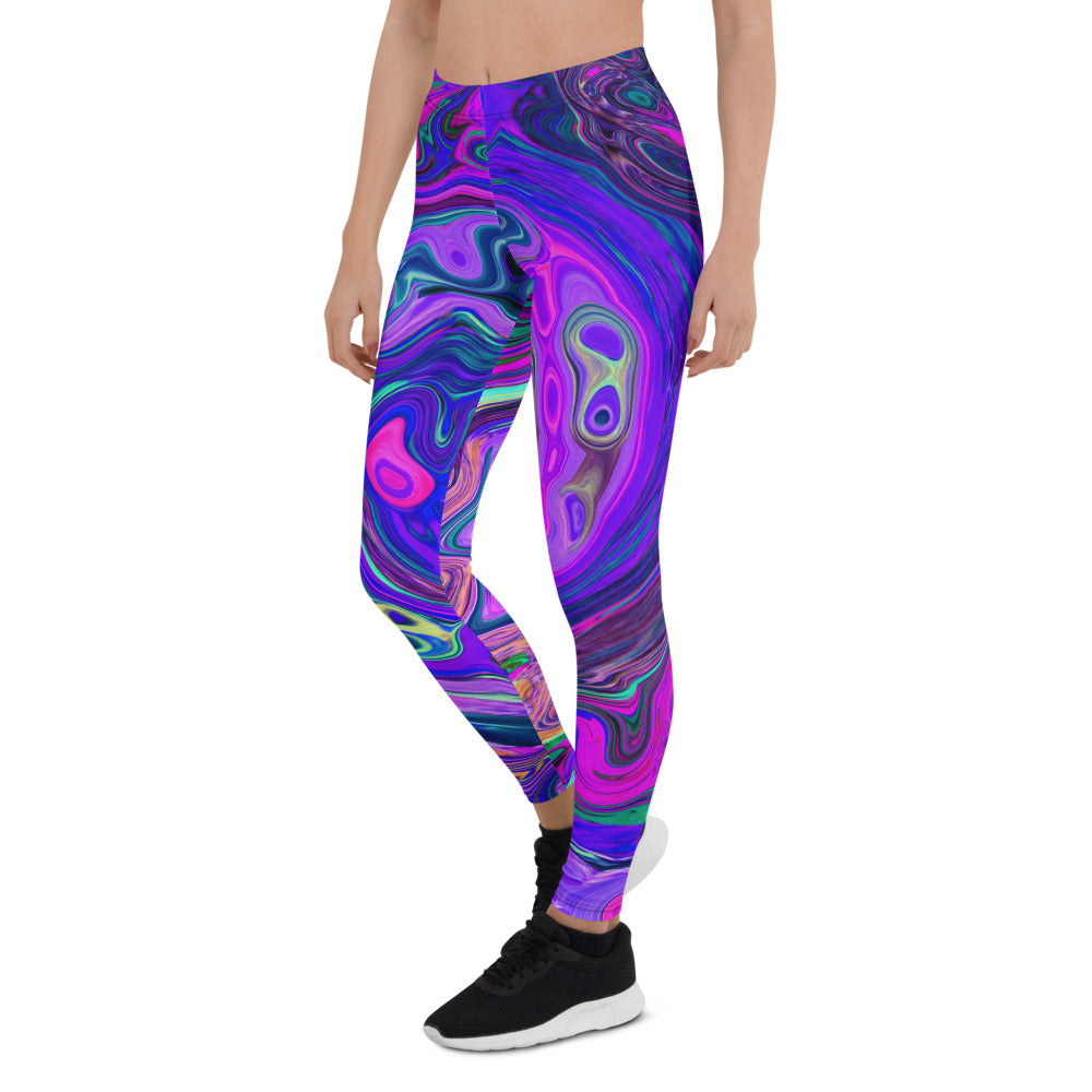 Leggings for Women, Groovy Abstract Retro Magenta and Purple Swirl