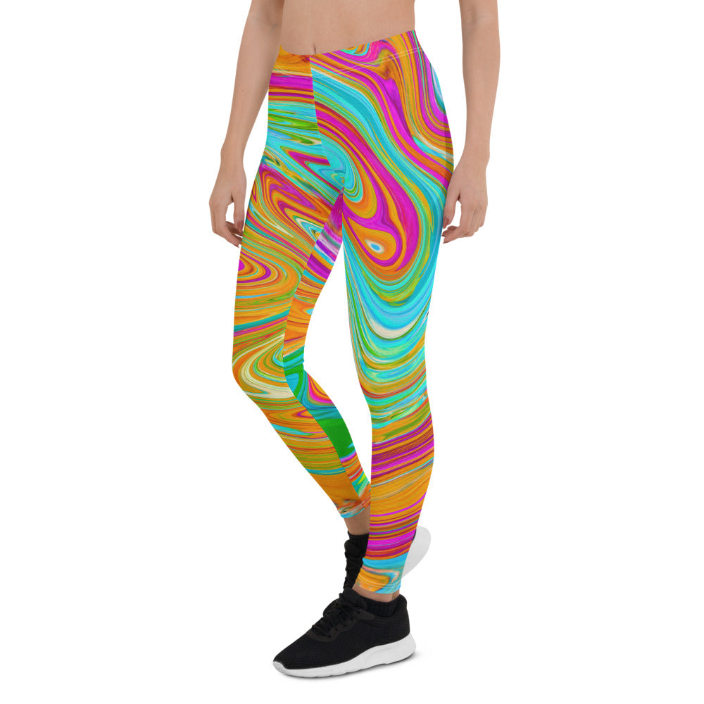 Leggings for Women, Blue, Orange and Hot Pink Groovy Abstract Retro Art