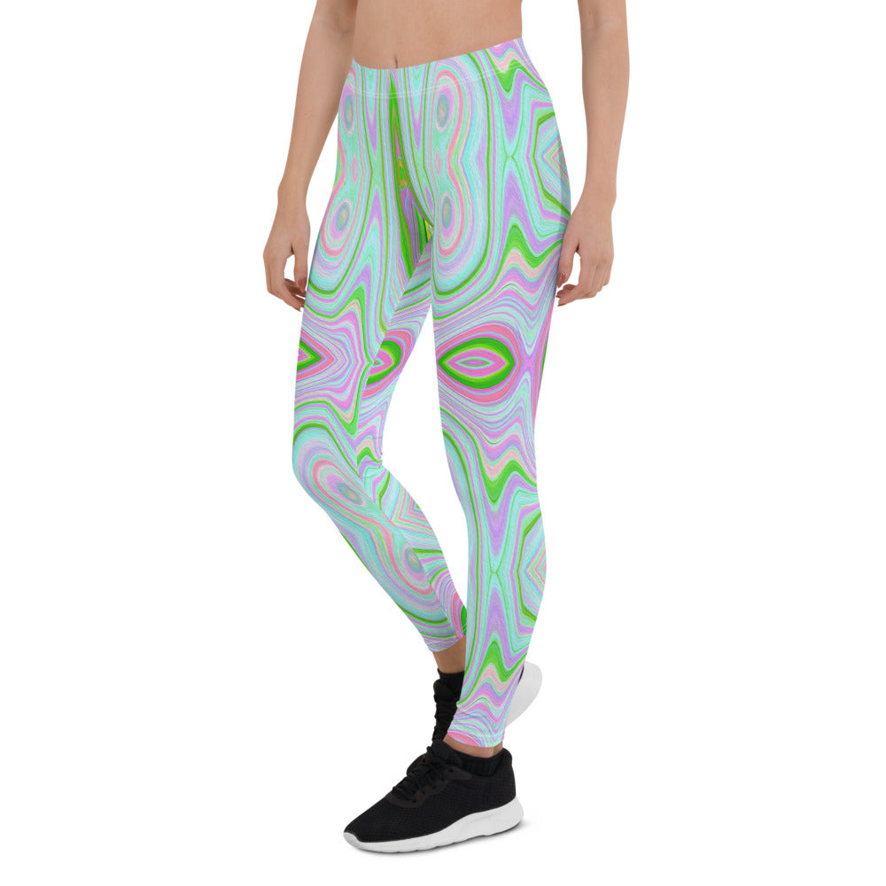 Leggings for Women, Retro Abstract Pink, Lime Green and Aqua Pattern