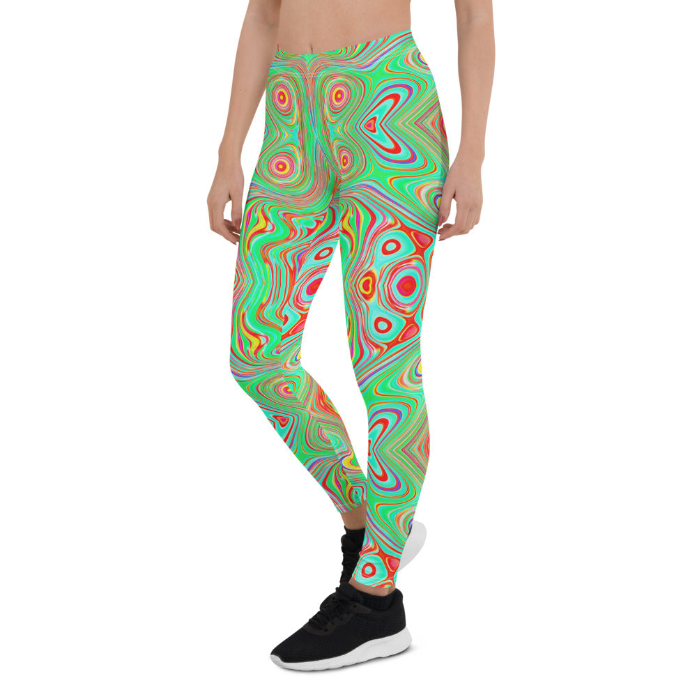 Leggings for Women, Trippy Retro Orange and Lime Green Abstract Pattern