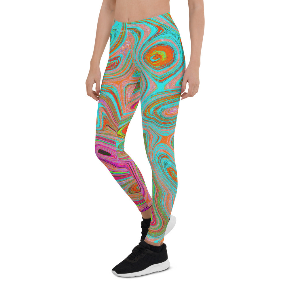 Leggings for Women, Trippy Retro Orange and Aqua Groovy Abstract Art