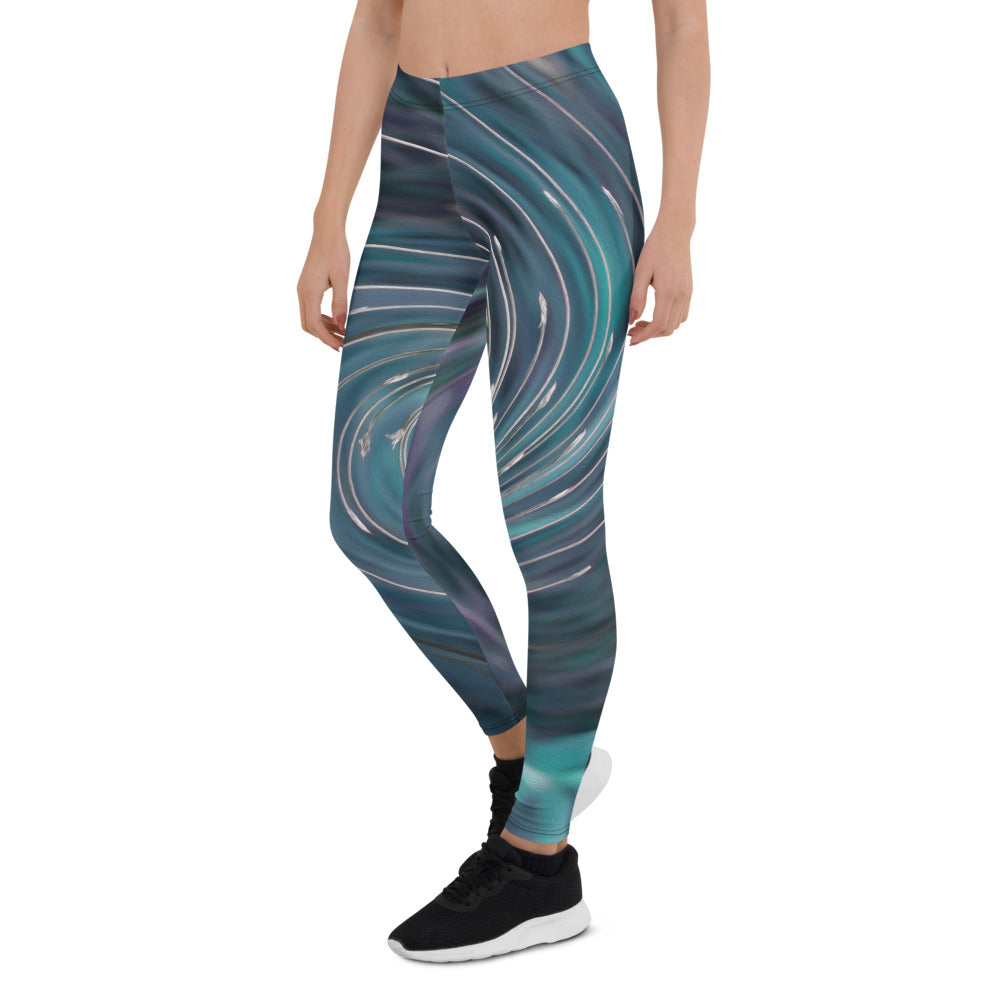 Leggings for Women, Cool Abstract Retro Black and Teal Cosmic Swirl