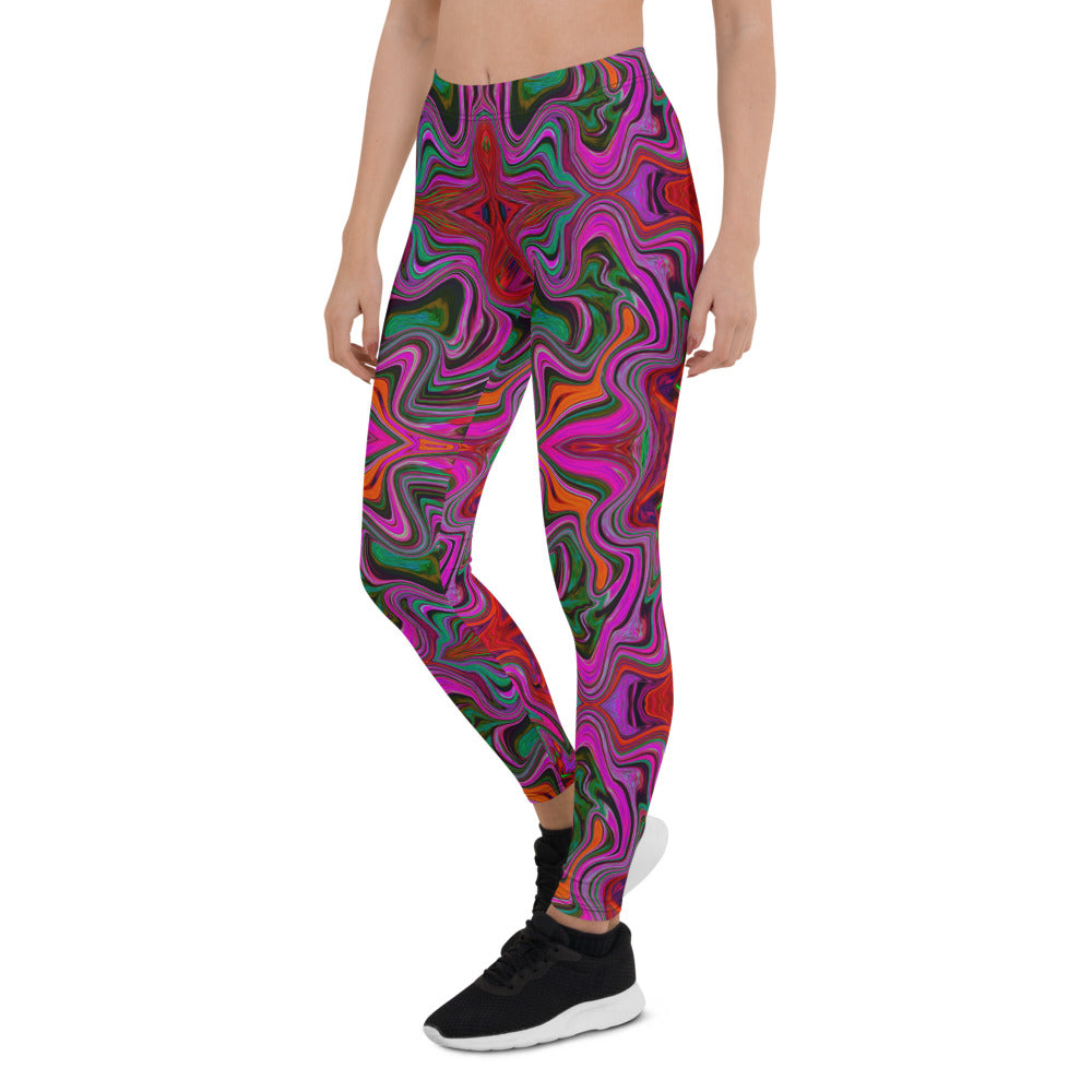 Leggings for Women, Cool Trippy Magenta, Red and Green Wavy Pattern
