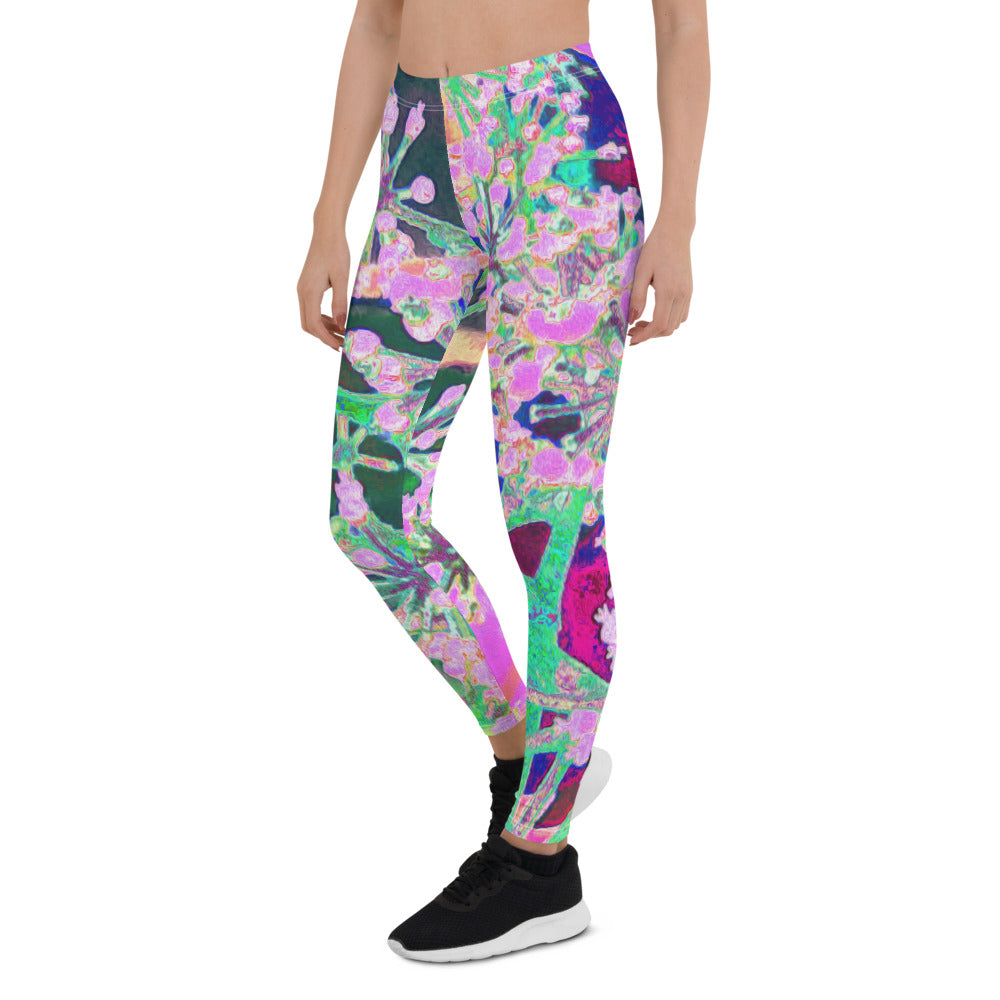 Leggings for Women, Cool Abstract Retro Nature in Pink and Lime Green