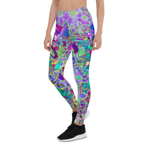 Leggings for Women, Trippy Abstract Pink and Purple Flowers