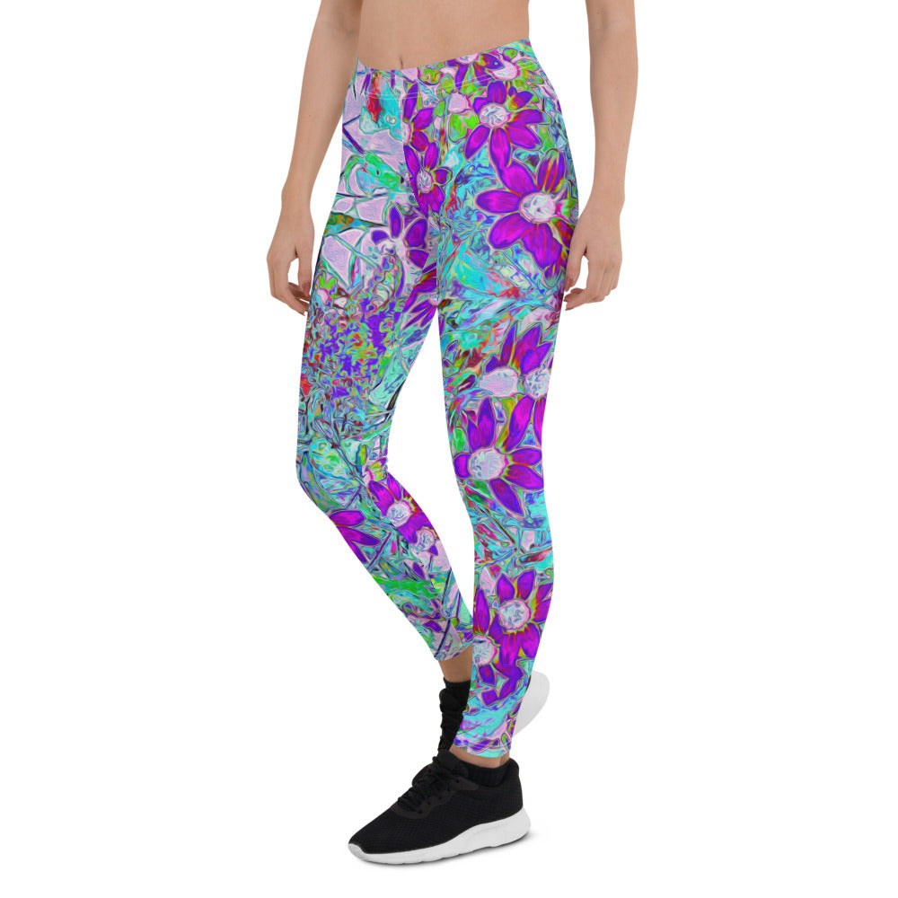 Leggings for Women, Aqua Garden with Violet Blue and Hot Pink Flowers