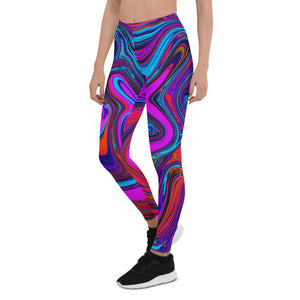 Leggings for Women, Marbled Magenta, Blue and Red Abstract Art