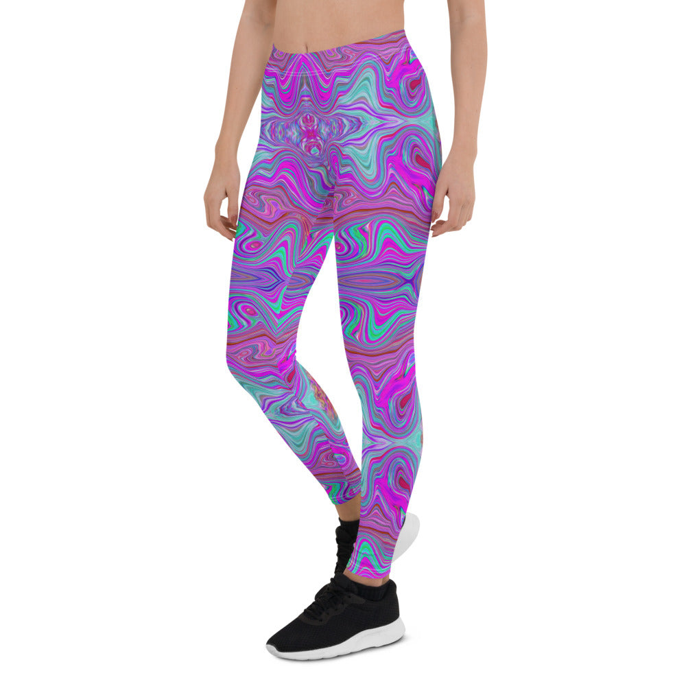 Leggings for Women, Wavy Magenta and Blue Trippy Marbled Pattern