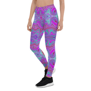 Leggings for Women, Wavy Magenta and Blue Trippy Marbled Pattern